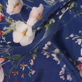 Navy Blue Floral Printed Silk Crepe Fabric with Soft Peach and White Blossom Design, 110 Cms Width, Made in India-D23348
