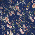 Navy Blue Floral Printed Silk Crepe Fabric with Soft Peach and White Blossom Design, 110 Cms Width, Made in India-D23348
