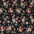 Black Base Floral Print Silk Crepe Fabric with Peach and Ivory Blooms, Soft Finish, 110 cms Width, Made in India-D23349
