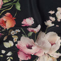 Black Base Floral Print Silk Crepe Fabric with Peach and Ivory Blooms, Soft Finish, 110 cms Width, Made in India-D23349