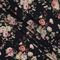 Black Base Floral Print Silk Crepe Fabric with Peach and Ivory Blooms, Soft Finish, 110 cms Width, Made in India-D23349