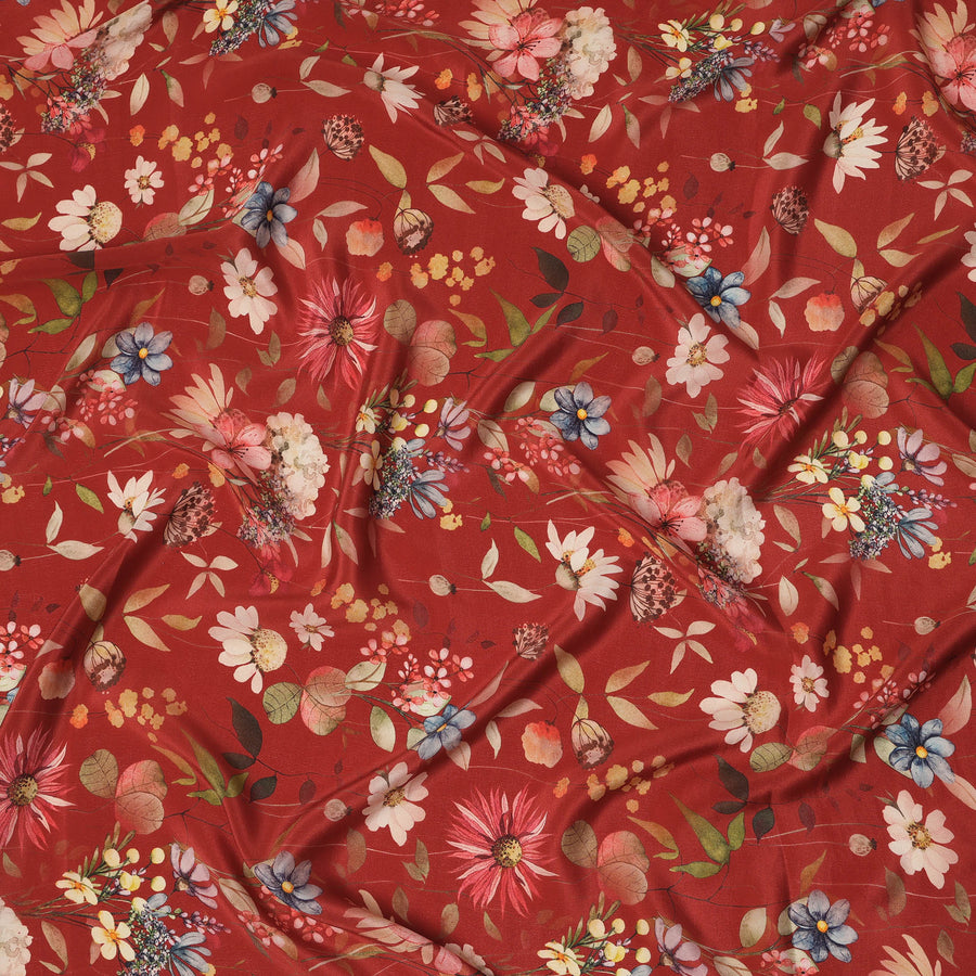 قماش كريب حريري بطبعة زهور نباتية بقاعدة حمراء صدئة مع أزهار متعددة الألوان، ملمس ناعم، عرض 110 سم، صنع في الهند - D23350