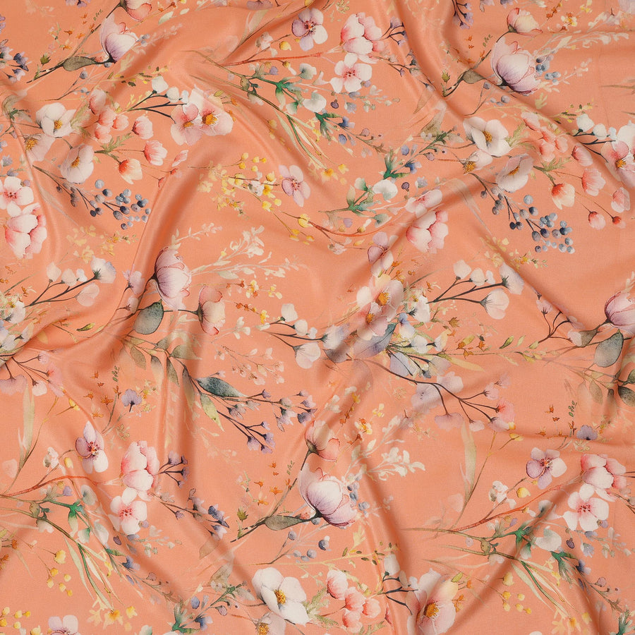 Peach Base Pastel Floral Print Silk Crepe Fabric with Soft Watercolor Blossoms, Smooth Drape, 110 cms Width, Made in India-D23353