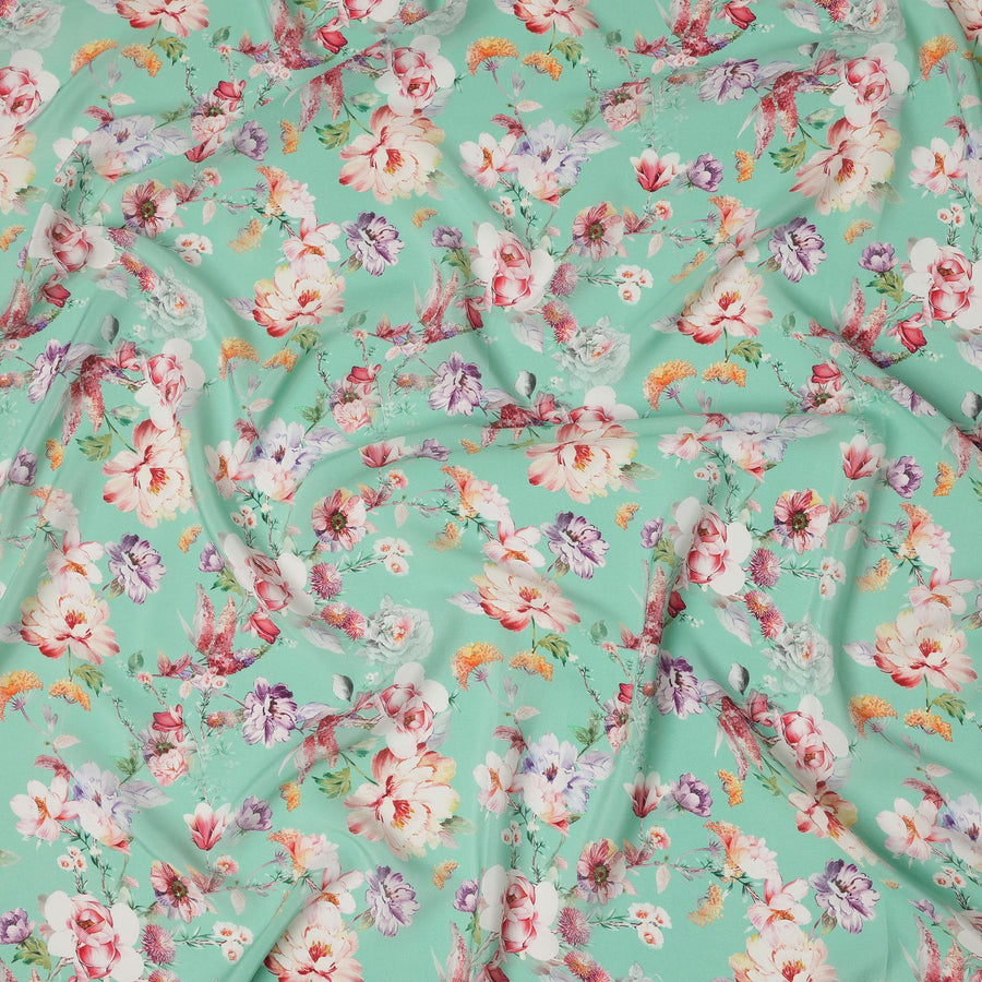 Mint Green Base Multicolor Floral Cluster Print Silk Crepe Fabric with Soft Bloom Detailing, Flowing Finish, 110 cms Width, Made in India-D23354