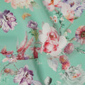 Mint Green Base Multicolor Floral Cluster Print Silk Crepe Fabric with Soft Bloom Detailing, Flowing Finish, 110 cms Width, Made in India-D23354