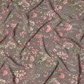 Taupe Grey Base Blush Pink Floral Vine Print Silk Crepe Fabric with Subtle Green Accents, Elegant Drape, 110 cms Width, Made in India-D23355