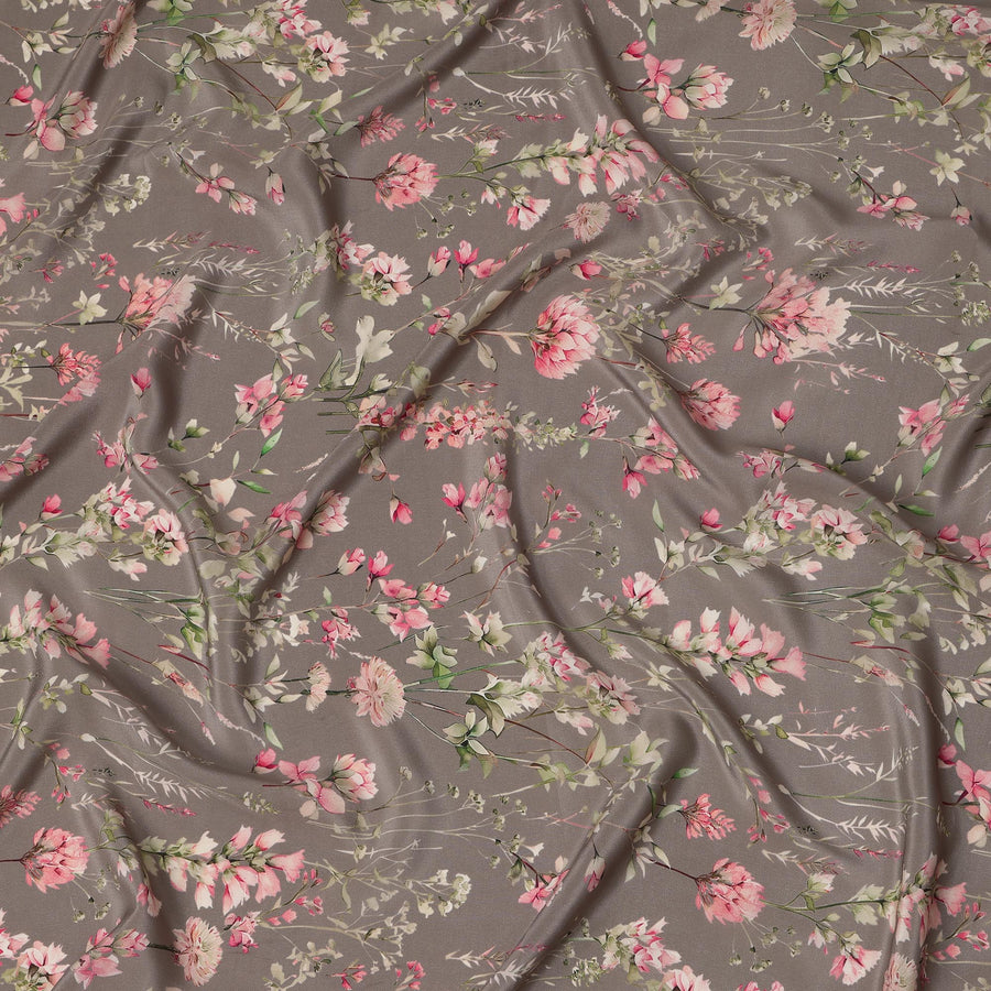 Taupe Grey Base Blush Pink Floral Vine Print Silk Crepe Fabric with Subtle Green Accents, Elegant Drape, 110 cms Width, Made in India-D23355