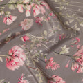 Taupe Grey Base Blush Pink Floral Vine Print Silk Crepe Fabric with Subtle Green Accents, Elegant Drape, 110 cms Width, Made in India-D23355