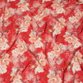 Bright Red Base Oversized Floral Bunch Print Silk Crepe Fabric with Peach and Blush Accents, Flowing Texture, 110 cms Width, Made in India-D23356