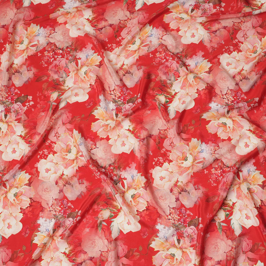 Bright Red Base Oversized Floral Bunch Print Silk Crepe Fabric with Peach and Blush Accents, Flowing Texture, 110 cms Width, Made in India-D23356
