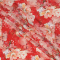 Bright Red Base Oversized Floral Bunch Print Silk Crepe Fabric with Peach and Blush Accents, Flowing Texture, 110 cms Width, Made in India-D23356