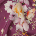 Wine Purple Base Soft Floral Bunch Print Silk Crepe Fabric with Yellow and Blush Accents, Flowing Finish, 110 cms Width, Made in India-D23357