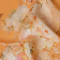 Golden Mustard Base Soft Floral Bunch Print Silk Crepe Fabric with Ivory and Peach Accents, Smooth Drape, 110 cms Width, Made in India-D23358