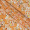 Golden Mustard Base Soft Floral Bunch Print Silk Crepe Fabric with Ivory and Peach Accents, Smooth Drape, 110 cms Width, Made in India-D23358