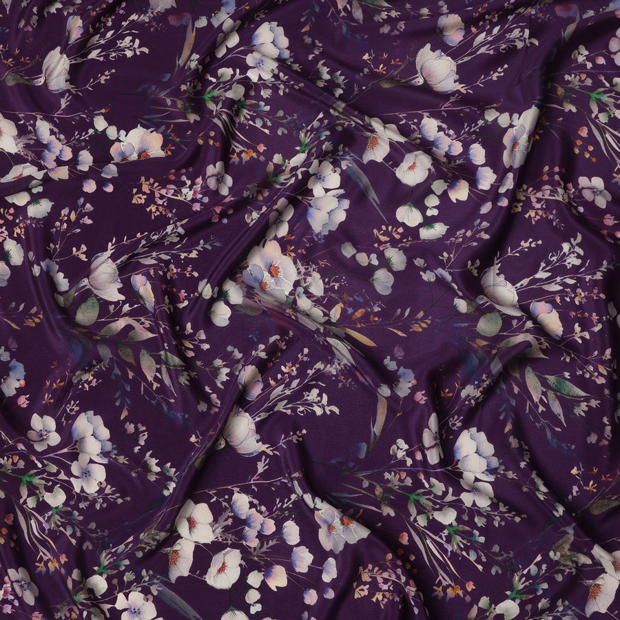 Deep Plum Base Soft Floral Spray Print Silk Crepe Fabric with Ivory and Lavender Highlights, Elegant Drape, 110 cms Width, Made in India-D23359
