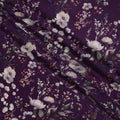 Deep Plum Base Soft Floral Spray Print Silk Crepe Fabric with Ivory and Lavender Highlights, Elegant Drape, 110 cms Width, Made in India-D23359