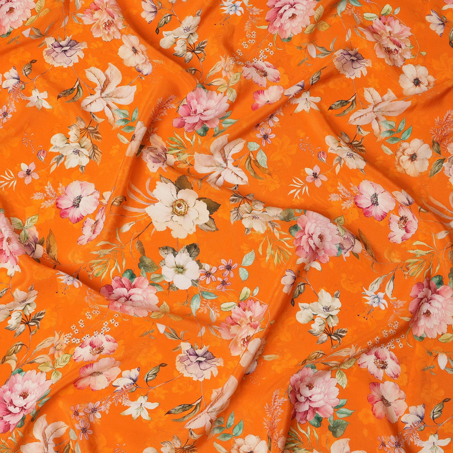 Bright Orange Base Lush Garden Floral Print Silk Crepe Fabric with Multicolor Blossoms and Leafy Accents, Soft Drape, 110 cms Width, Made in India-D23360