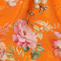 Bright Orange Base Lush Garden Floral Print Silk Crepe Fabric with Multicolor Blossoms and Leafy Accents, Soft Drape, 110 cms Width, Made in India-D23360