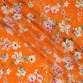 Bright Orange Base Lush Garden Floral Print Silk Crepe Fabric with Multicolor Blossoms and Leafy Accents, Soft Drape, 110 cms Width, Made in India-D23360