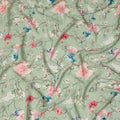 Pastel Sage Green Base Artistic Floral Line Drawing Print Silk Crepe Fabric with Pink and Blue Blooms, Soft Finish, 110 cms Width, Made in India-D23361