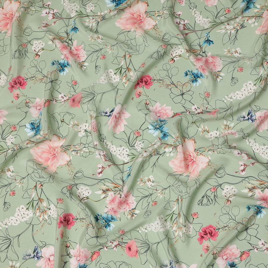 Pastel Sage Green Base Artistic Floral Line Drawing Print Silk Crepe Fabric with Pink and Blue Blooms, Soft Finish, 110 cms Width, Made in India-D23361