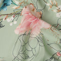 Pastel Sage Green Base Artistic Floral Line Drawing Print Silk Crepe Fabric with Pink and Blue Blooms, Soft Finish, 110 cms Width, Made in India-D23361