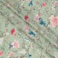 Pastel Sage Green Base Artistic Floral Line Drawing Print Silk Crepe Fabric with Pink and Blue Blooms, Soft Finish, 110 cms Width, Made in India-D23361