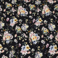 Midnight Black Base Watercolor Floral Bunch Print Silk Crepe Fabric with Yellow, Blue, and Blush Tones, Smooth Finish, 110 cms Width, Made in India-D23362
