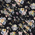 Midnight Black Base Watercolor Floral Bunch Print Silk Crepe Fabric with Yellow, Blue, and Blush Tones, Smooth Finish, 110 cms Width, Made in India-D23362
