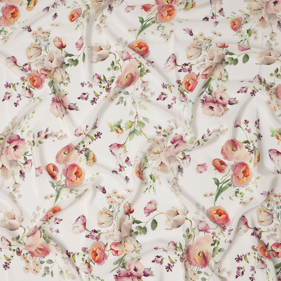 Ivory White Base Soft Watercolor Floral Print Silk Crepe Fabric with Peach and Plum Accents, Elegant Flow, 110 cms Width, Made in India-D23363