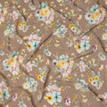 Warm Taupe Base Soft Floral Cluster Print Silk Crepe Fabric with Yellow, Aqua, and Blush Accents, Smooth Texture, 110 cms Width, Made in India-D23365