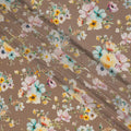 Warm Taupe Base Soft Floral Cluster Print Silk Crepe Fabric with Yellow, Aqua, and Blush Accents, Smooth Texture, 110 cms Width, Made in India-D23365