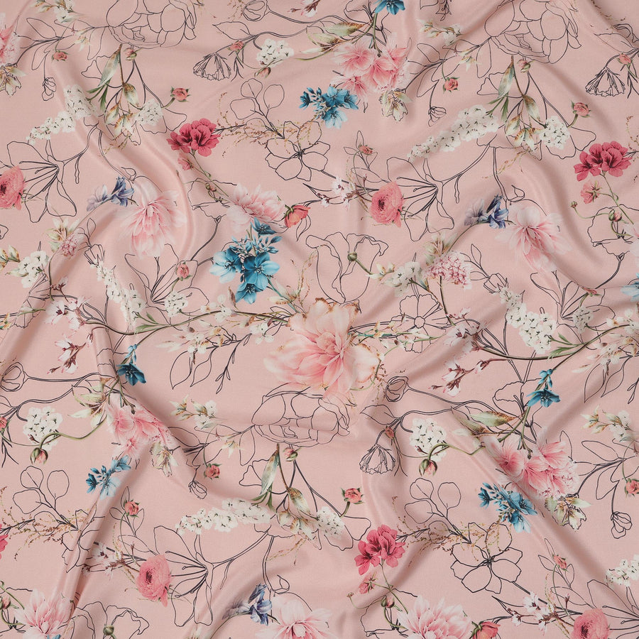 Blush Pink Base Artistic Floral Line Sketch Print Silk Crepe Fabric with Blue and Coral Highlights, Smooth Finish, 110 cms Width, Made in India-D23366