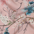 Blush Pink Base Artistic Floral Line Sketch Print Silk Crepe Fabric with Blue and Coral Highlights, Smooth Finish, 110 cms Width, Made in India-D23366