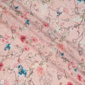 Blush Pink Base Artistic Floral Line Sketch Print Silk Crepe Fabric with Blue and Coral Highlights, Smooth Finish, 110 cms Width, Made in India-D23366