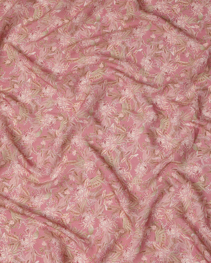 Dusty Rose Floral Printed Viscose Crepe Fabric with Leaf Motifs, Width 110 cm, Made in India-D23395 Regal Fabrics
