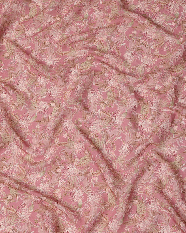 Dusty Rose Floral Printed Viscose Crepe Fabric with Leaf Motifs, Width 110 cm, Made in India-D23395 Regal Fabrics