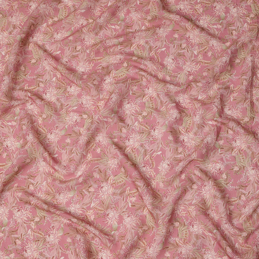 Dusty Rose Floral Printed Viscose Crepe Fabric with Leaf Motifs, Width 110 cm, Made in India-D23395 Regal Fabrics