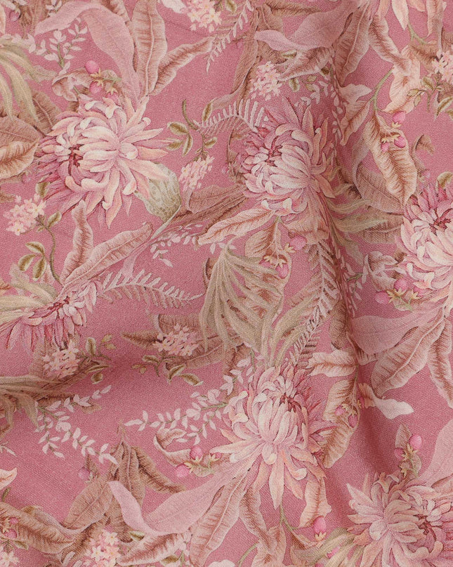 Dusty Rose Floral Printed Viscose Crepe Fabric with Leaf Motifs, Width 110 cm, Made in India-D23395 Regal Fabrics