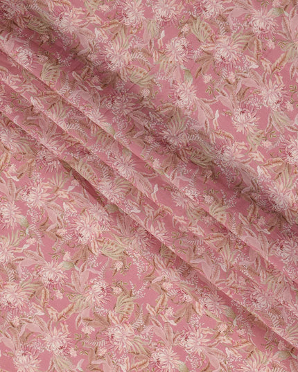 Dusty Rose Floral Printed Viscose Crepe Fabric with Leaf Motifs, Width 110 cm, Made in India-D23395 Regal Fabrics
