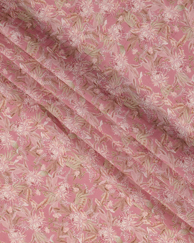 Dusty Rose Floral Printed Viscose Crepe Fabric with Leaf Motifs, Width 110 cm, Made in India-D23395 Regal Fabrics