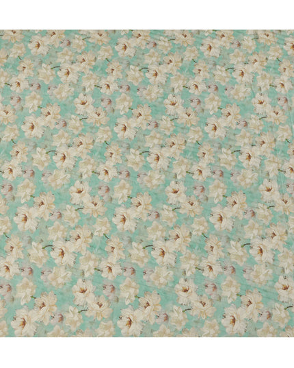 قماش كريب فيسكوز مطبوع عليه زهور باللون الأخضر المائي الكريمي الكبير مع تفاصيل بتلات ناعمة، عرض 110 سم، صنع في الهند - D23398