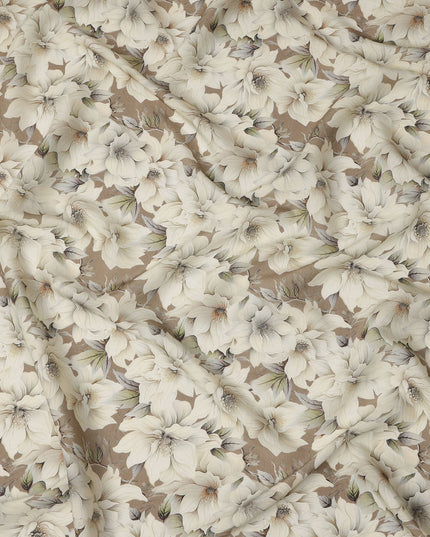 Taupe Brown Oversized Ivory Floral Printed Viscose Crepe Fabric with Soft Leaf Detailing, Width 110 cm, Made in India-D23400