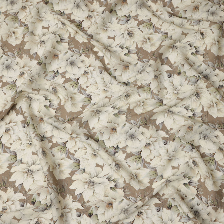 Taupe Brown Oversized Ivory Floral Printed Viscose Crepe Fabric with Soft Leaf Detailing, Width 110 cm, Made in India-D23400