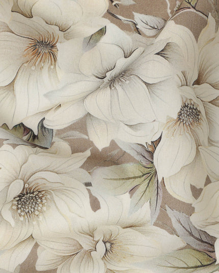 Taupe Brown Oversized Ivory Floral Printed Viscose Crepe Fabric with Soft Leaf Detailing, Width 110 cm, Made in India-D23400