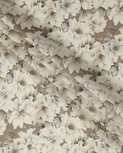 Taupe Brown Oversized Ivory Floral Printed Viscose Crepe Fabric with Soft Leaf Detailing, Width 110 cm, Made in India-D23400