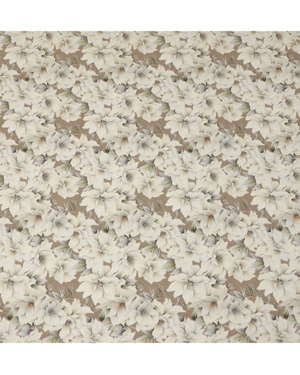 Taupe Brown Oversized Ivory Floral Printed Viscose Crepe Fabric with Soft Leaf Detailing, Width 110 cm, Made in India-D23400