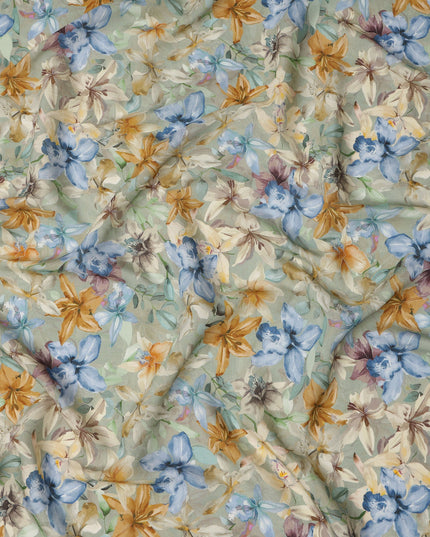 قماش كريب فيسكوز مطبوع عليه زهور متعدد الألوان باللون الأخضر المريمية مع تصميم زهور بألوان مائية، عرض 110 سم، صنع في الهند - D23401