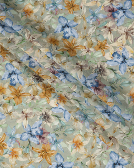 قماش كريب فيسكوز مطبوع عليه زهور متعدد الألوان باللون الأخضر المريمية مع تصميم زهور بألوان مائية، عرض 110 سم، صنع في الهند - D23401