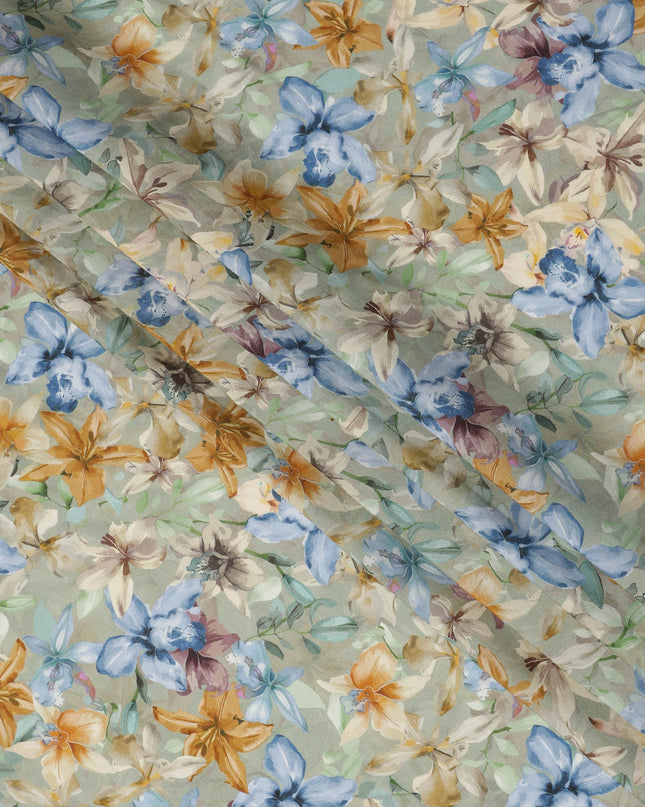 قماش كريب فيسكوز مطبوع عليه زهور متعدد الألوان باللون الأخضر المريمية مع تصميم زهور بألوان مائية، عرض 110 سم، صنع في الهند - D23401